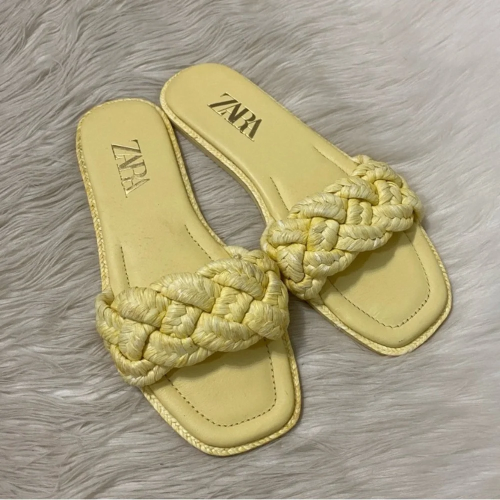 Zara Pastel Yellow Woven Raffia Braided Strap Slip On Open Toe Flat Sandals 39 - Picture 2 of 11